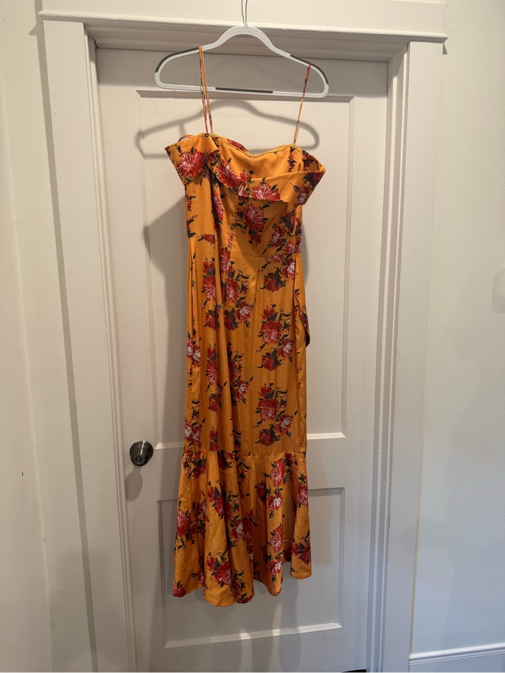 Theia Mustard Floral Ruffle-Strap Maxi Dress
